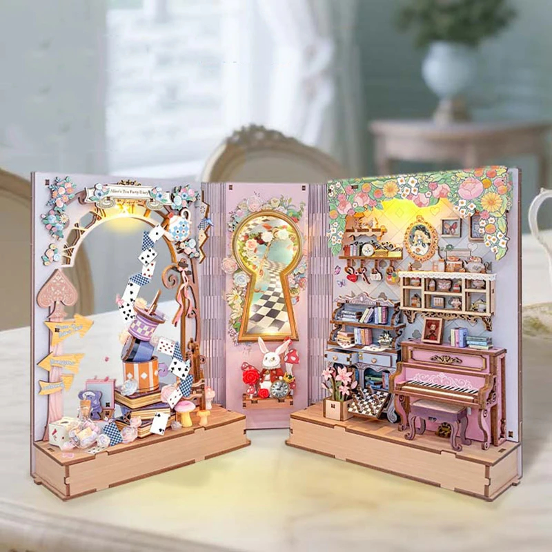 Diy Wooden Book Nook Kit Shelf Insert - Miniatur-Modellbausatz DIY Holz-Prinzessinnen-Tee-Party Tagebuch-Buchnische Regal-Einsatz-Buchstütze für